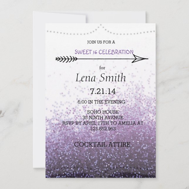 Invitation pailletée violette pour Sweet 16 / Soir (Devant)
