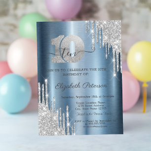 Invitation Pailletés Argent Gouttes Bleu Métallisé 10ème Anni