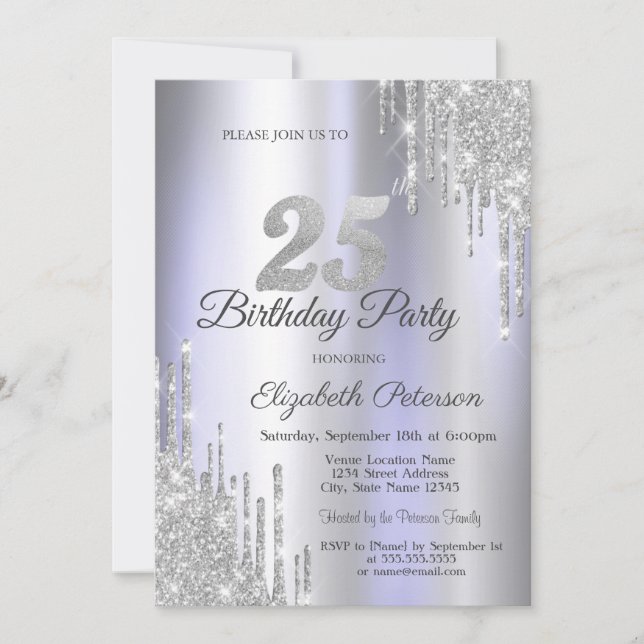 Invitation Pailletés Argent Gouttes Clair Violet 25ème Annive (Devant)