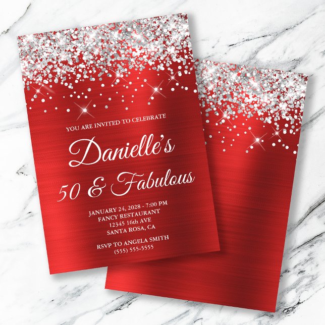 Invitation Pailletés Argent Rouge Clair Feuille 50 et Fabuleu (Créateur téléchargé)