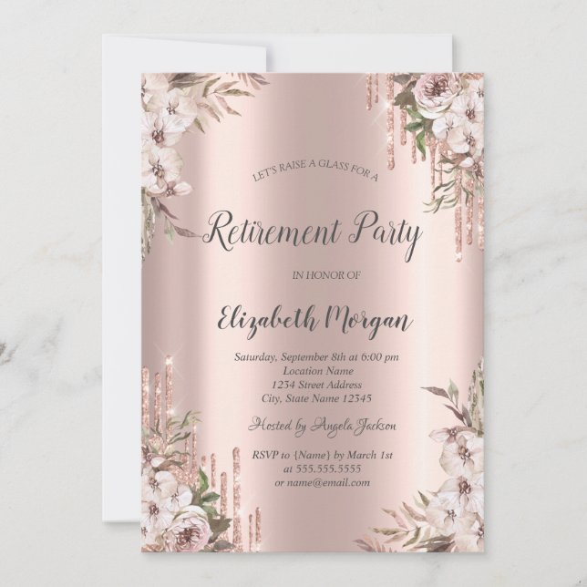 Invitation Pailletés de rose gold gouttes chic fleurs retrait (Devant)