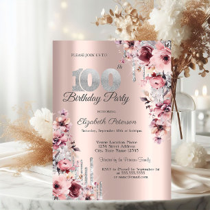 Invitation Pailletés Gouttes Rose Gold Floral 100ème 