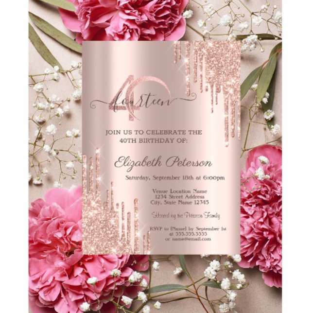 Invitation Pailletés Rose Gold Gouttes Rose Gold 40e Annivers (Créateur téléchargé)