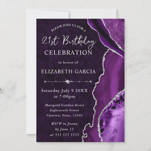 Invitation Pailletés Violet et Argent Anniversaire en Agate e (Devant)