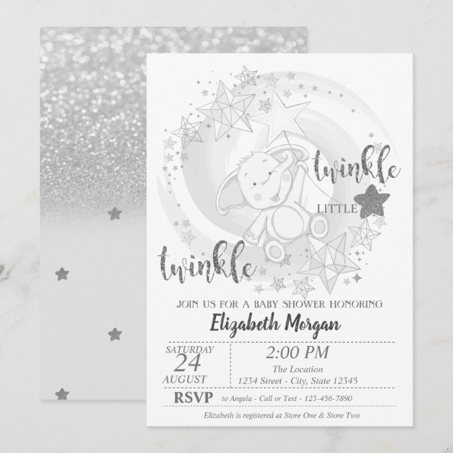 Invitation Paillette Argent Étoile Scintillante, Fête Bébé Ou (Devant / Derrière)