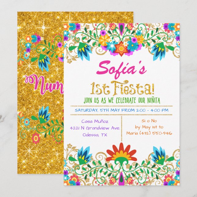 Invitation Paillette Florale pour Premier Annivers (Devant / Derrière)