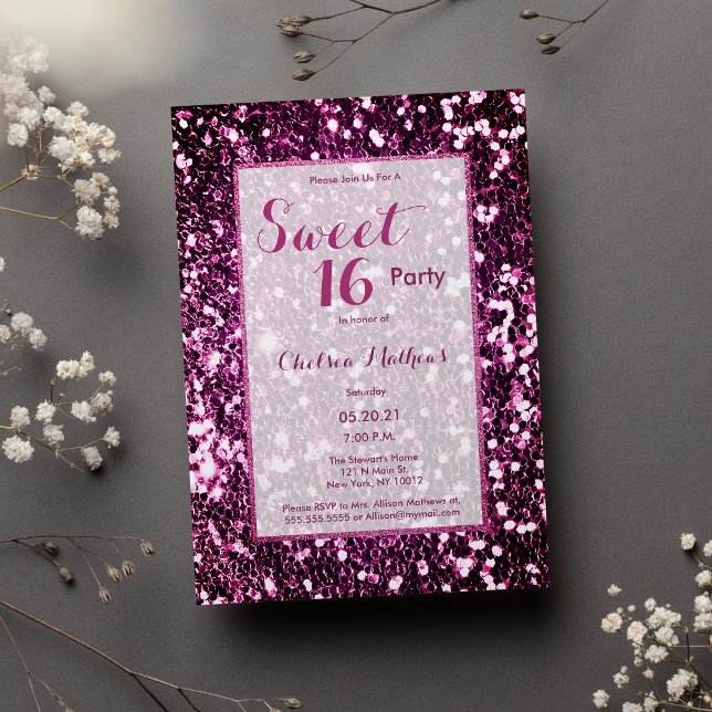 Invitation Paillette rose violet moderne tendance Sweet 16 (Modern purple pink girly trendy sequin Sweet 16 )
