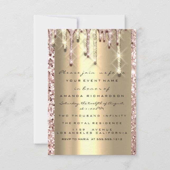 Invitation Paillettes 3D Drips Rose Mariage Douce 16e Or (Devant)