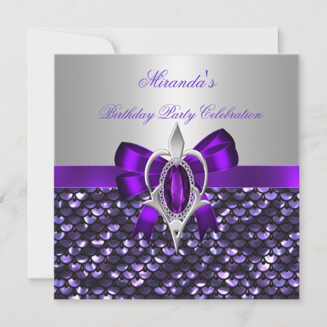 Invitation Paillettes Argent Anniversaire Nœud Diamant Violet (Devant)