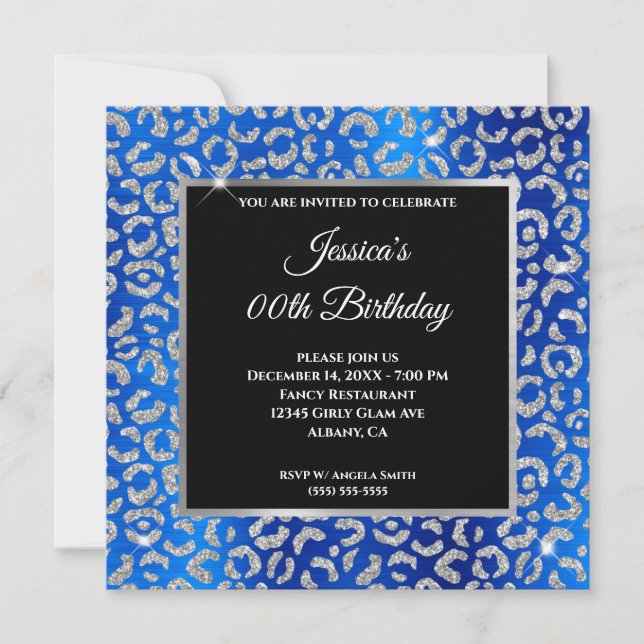 Invitation Paillettes Argent Léopard Bleu Royal Anniversaire (Devant)
