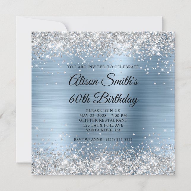 Invitation Paillettes Argent Monogramme Bleu Clair 60e Annive (Devant)