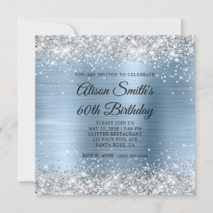 Invitation Paillettes Argent Monogramme Bleu Clair 60e Annive