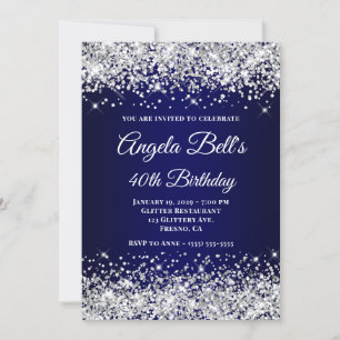 Invitation Paillettes Argent Monogramme Bleu Nuit 40e Anniver