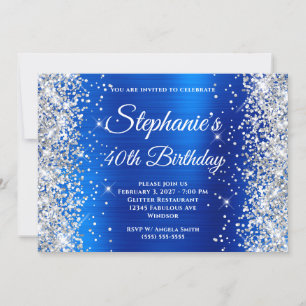 Invitation Paillettes Argent Monogramme Bleu Royal 40e Annive