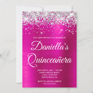 Invitation Paillettes Argent Rose Chaud Quinceañera