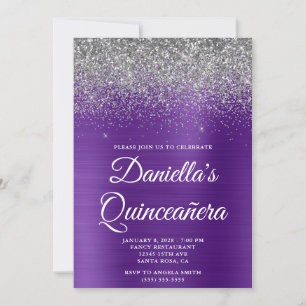 Invitation Paillettes Argent Royal Violet Feuille Quinceañera