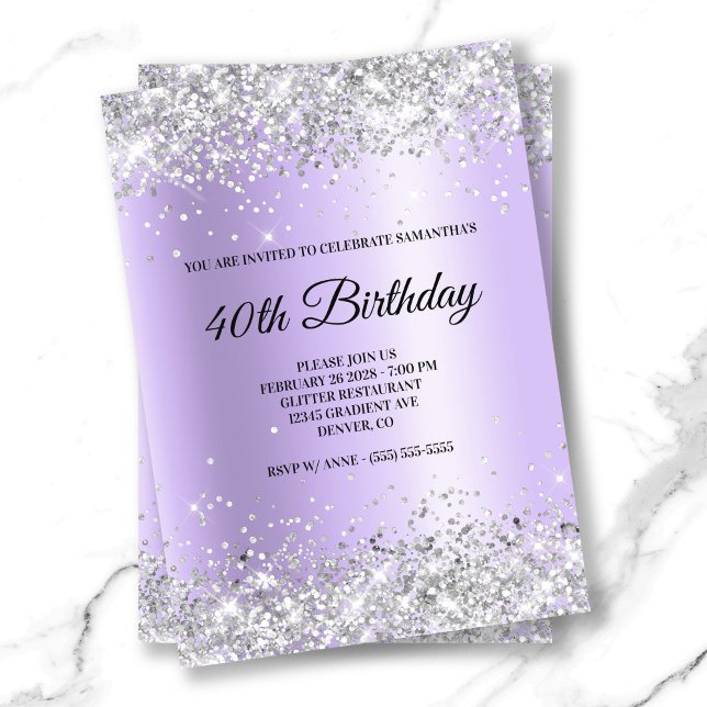 Invitation Paillettes Argent Satin Lavande Feuille 40e Annive (Silver Glitter Lavender Satin Foil 40th Birthday Invitation)