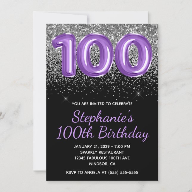 Invitation Paillettes Argent Violet Royal Noir Numéro 100 (Devant)