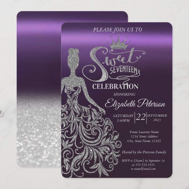 Invitation Paillettes argentées Bokeh, Robe, Diadème, Violet  (Devant / Derrière)