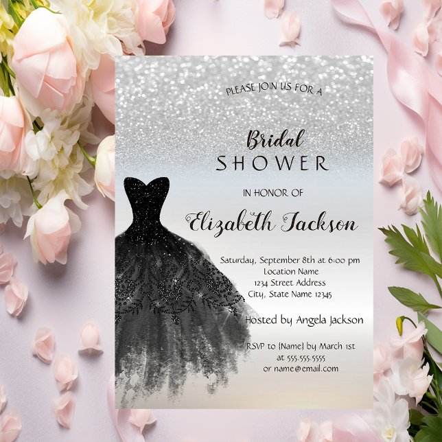 Invitation Paillettes argentées Bokeh, Robe noire pour douche (Créateur téléchargé)