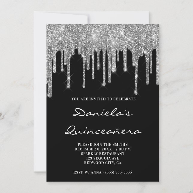 Invitation Paillettes Argentées Brillantes Gouttes Noires Qui (Devant)