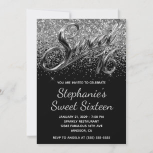 Invitation Paillettes Argentées Chrome Noir Sweet 16