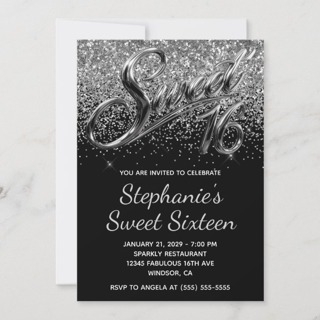 Invitation Paillettes Argentées Chrome Noir Sweet 16 (Devant)