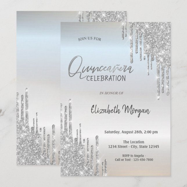 Invitation Paillettes argentées Cool Drips  Quinceañera (Devant / Derrière)