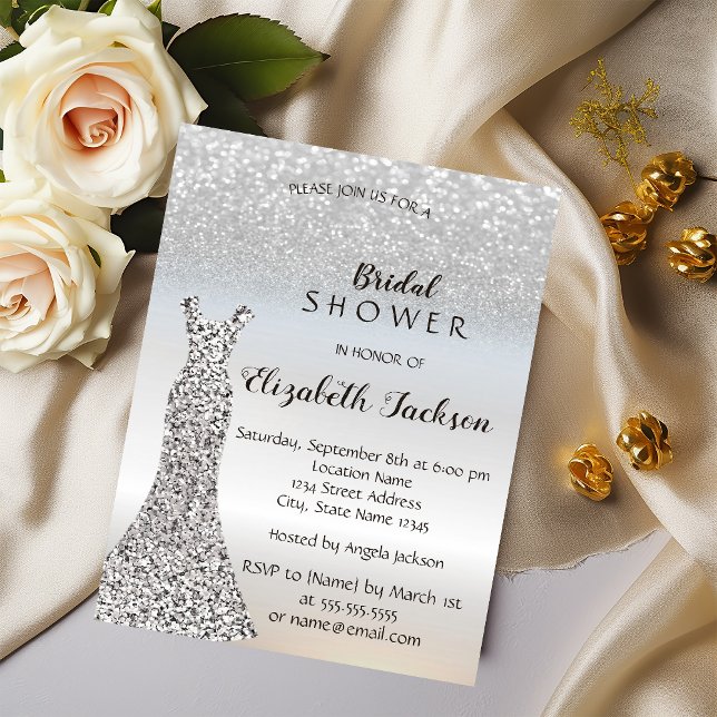 Invitation Paillettes Argentées Élégantes Bokeh, Robe Mariage (Créateur téléchargé)