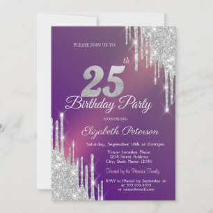 Invitation Paillettes Argentées Élégantes Gouttes Violettes 2