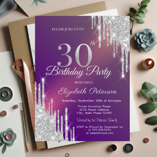 Invitation Paillettes Argentées Élégantes Gouttes Violettes 3