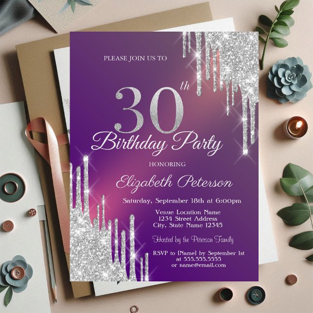 Invitation Paillettes Argentées Élégantes Gouttes Violettes 3 (Créateur téléchargé)