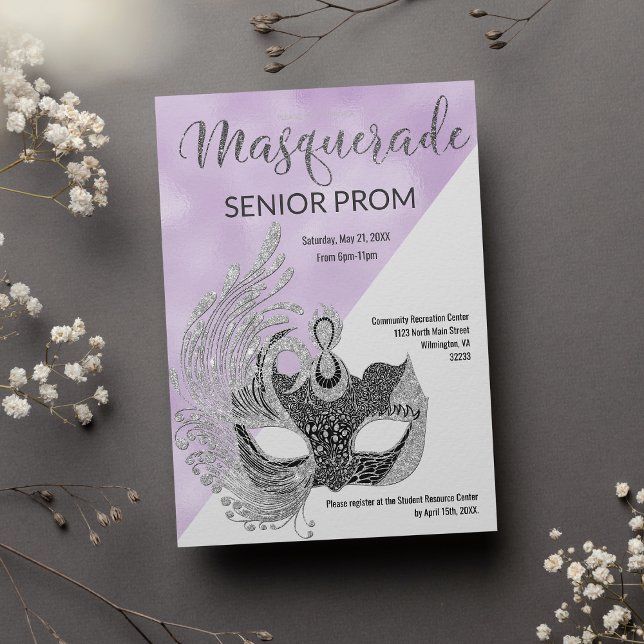 Invitation Paillettes argentées et lavande blanc pour bal mas (Lavender white silver glitter Masquerade Prom)