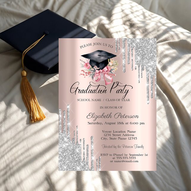 Invitation Paillettes Argentées Gouttes Florales Cap Graduati (Créateur téléchargé)