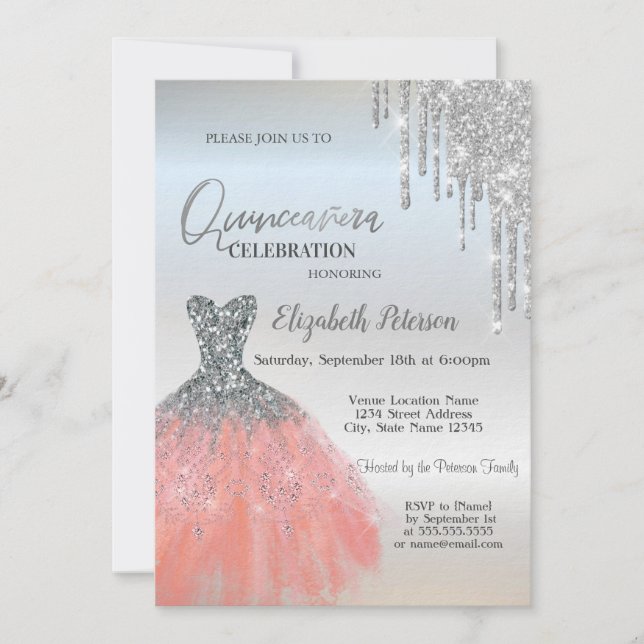 Invitation Paillettes argentées gouttes,Robe argentée 15e ann (Devant)