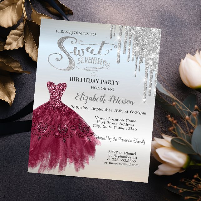 Invitation Paillettes argentées gouttes, Robe bordeaux Sweet  (Créateur téléchargé)