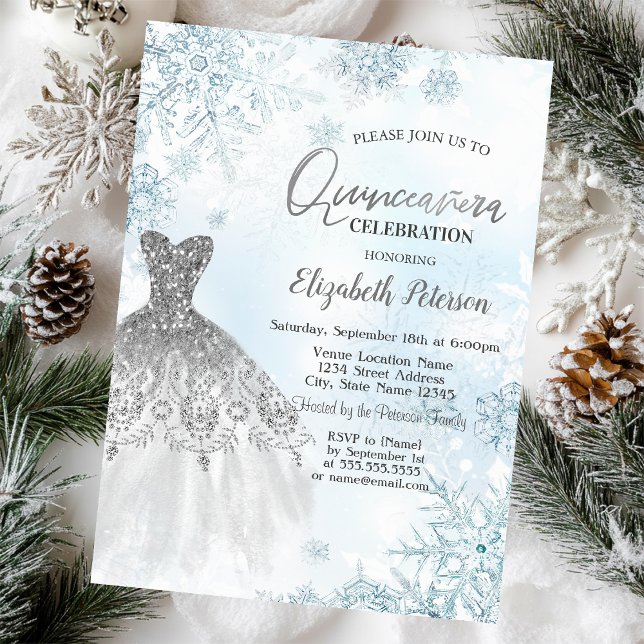 Invitation Paillettes Argentées Gouttes, Robe Flocons de Neig (Créateur téléchargé)
