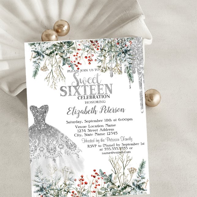 Invitation Paillettes argentées gouttes, robe hiver fleurs do (Créateur téléchargé)