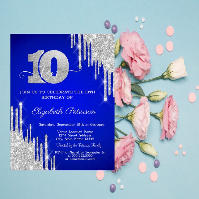 Invitation Paillettes Argentées Gouttes Royales Bleu 10ème An (Créateur téléchargé)