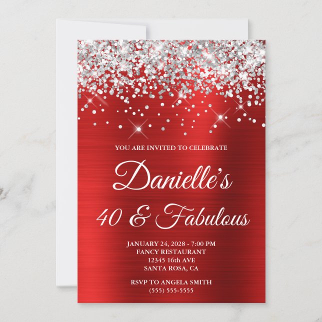 Invitation Paillettes Argentées Rouge Clair Feuille 40 et Fab (Devant)