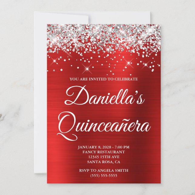 Invitation Paillettes Argentées Rouge Clair Feuille de Quince (Devant)