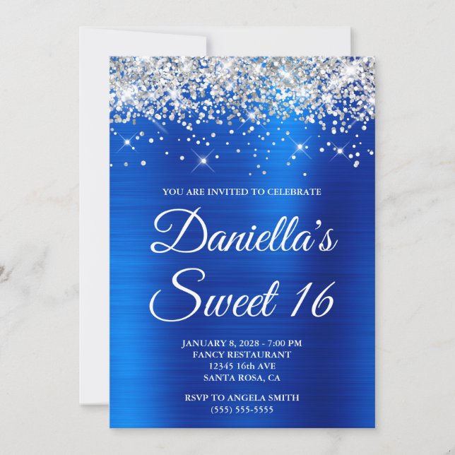 Invitation Paillettes Argentées Royal Bleu Feuille Sweet 16 (Devant)