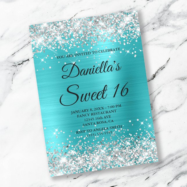 Invitation Paillettes Argentées Turquoise Bleu Clair Feuille  (Créateur téléchargé)