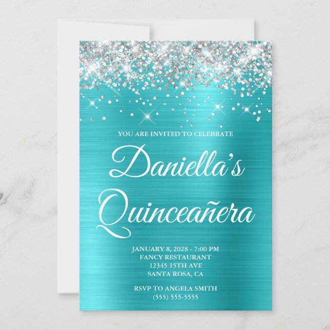 Invitation Paillettes Argentées Turquoise Bleu Feuille Quince (Devant)
