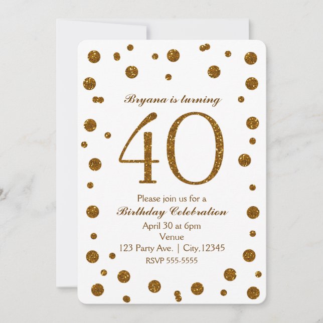 Invitation Paillettes blanches et or 40e 40 ans Fête d'annive (Devant)