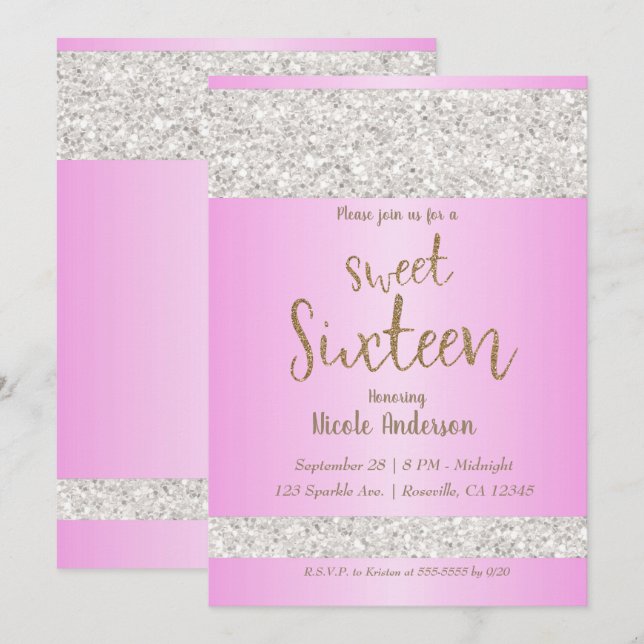 Invitation Paillettes Blanches Étincelle Rose Fête Douce 16 S (Devant / Derrière)