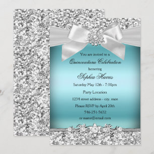 Invitation Paillettes Bleu Argent Bijou Arc Quinceanera