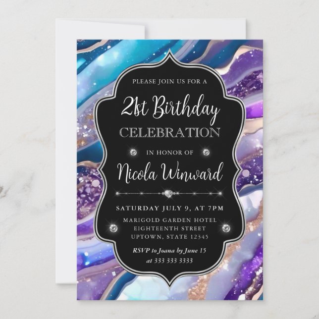 Invitation Paillettes Bleu et Violet Marbre Agate 21e Anniver (Devant)