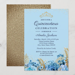 Invitation Paillettes Bleu Or floral Quinceanera 15ème