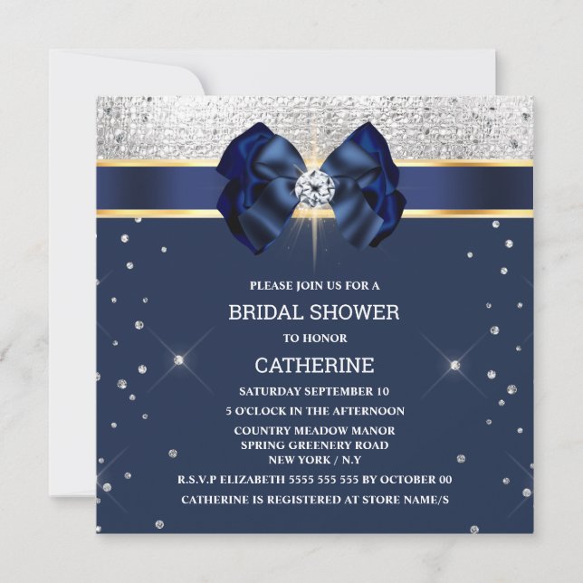 Invitation Paillettes bleues ruban bow argent or scintillemen (Devant)